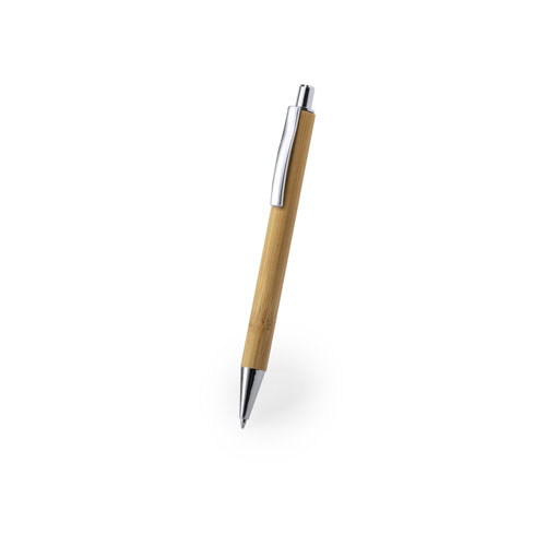 6612, Bolígrafo con mecanismo pulsador de línea nature, con cuerpo en bambú, clip metálico y pulsador cromado. Tinta azul.