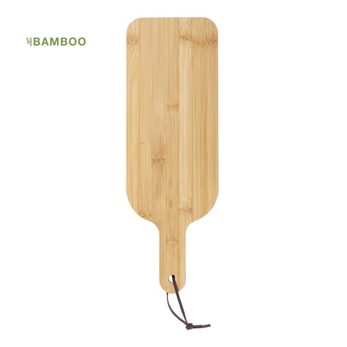6802, Tabla fabricada en bambú, de suave y resistente acabado pulido. Ideal para corte y presentación. Con asa para fácil manejo y cordón para colgar en símil piel.