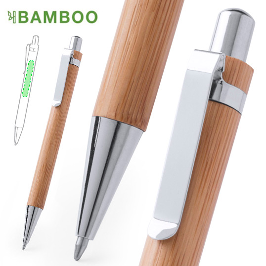 5260, Elegante bolígrafo de mecanismo pulsador con cuerpo en madera de bambú natural y accesorios de acabado metálico en color plateado brillante. De cartucho jumbo y tinta azul. Carga Jumbo