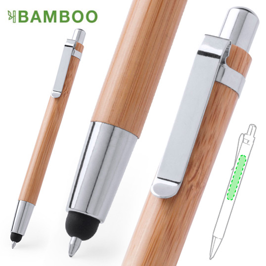 5261, Elegante bolígrafo puntero de mecanismo pulsador con cuerpo en madera de bambú natural y accesorios de acabado metálico en color plateado brillante. De cartucho jumbo y tinta azul. Carga Jumbo