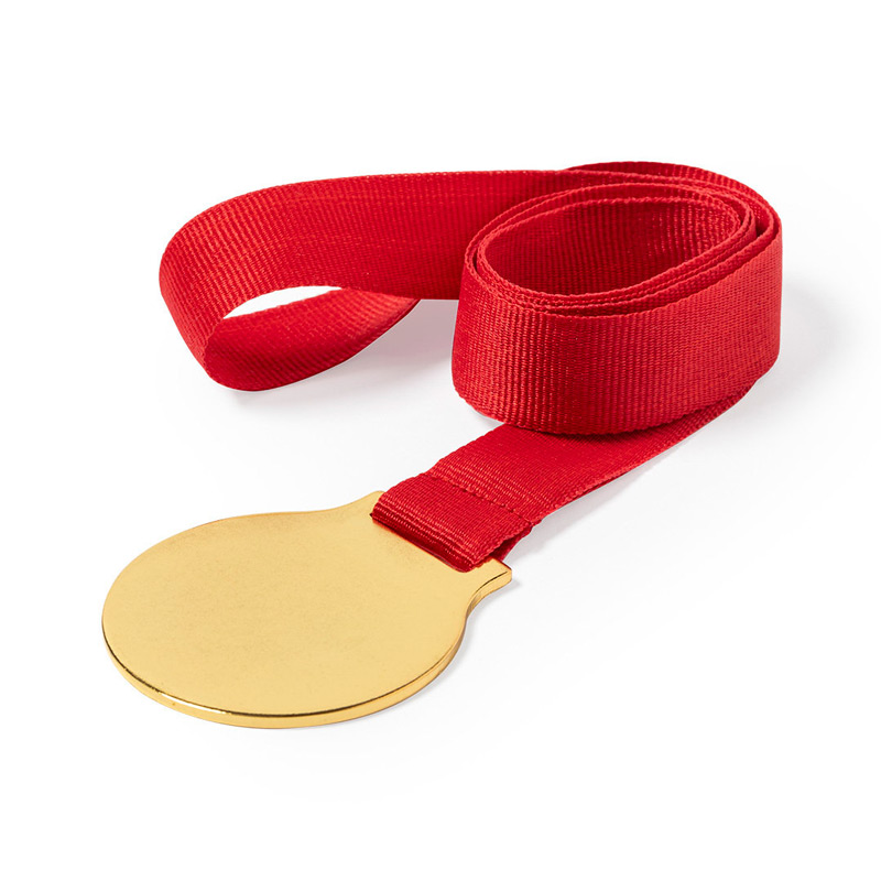 1191, Medalla metálica de acabado dorado liso, con cinta de poliéster en rojo y especialmente diseñada para marcaje en impresión digital.