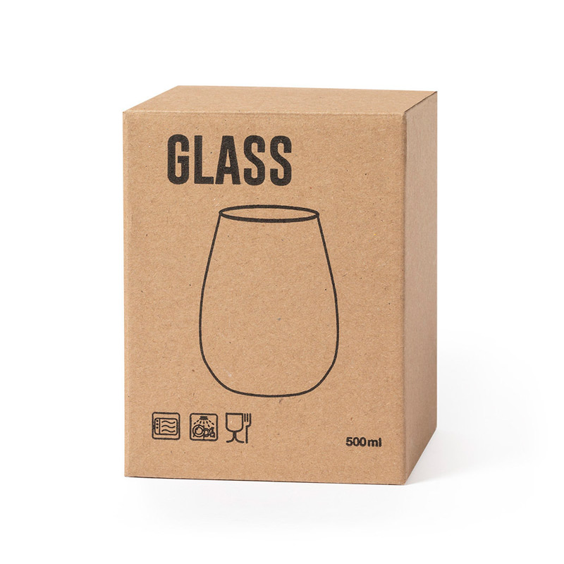 1070, Vaso de cristal de 500ml de capacidad. Con atractivo diseño curvado y presentado en caja individual de diseño kraft. 500 ml