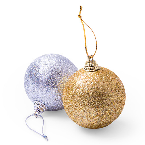 5107, Set de 6 bolas de navidad para colgar en variada gama de vivos colores metalizados. Presentación en bolsita individual con tira de marcaje en color blanco y en colores surtidos. 6 Piezas