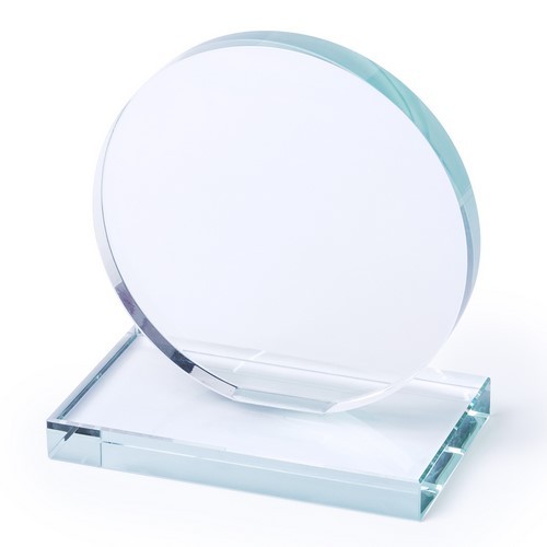 5175, Placa trofeo de grueso cristal con elegante diseño circular y base cuadrada. Especialmente diseñada para marcaje a láser y presentada en estuche de protección individual.