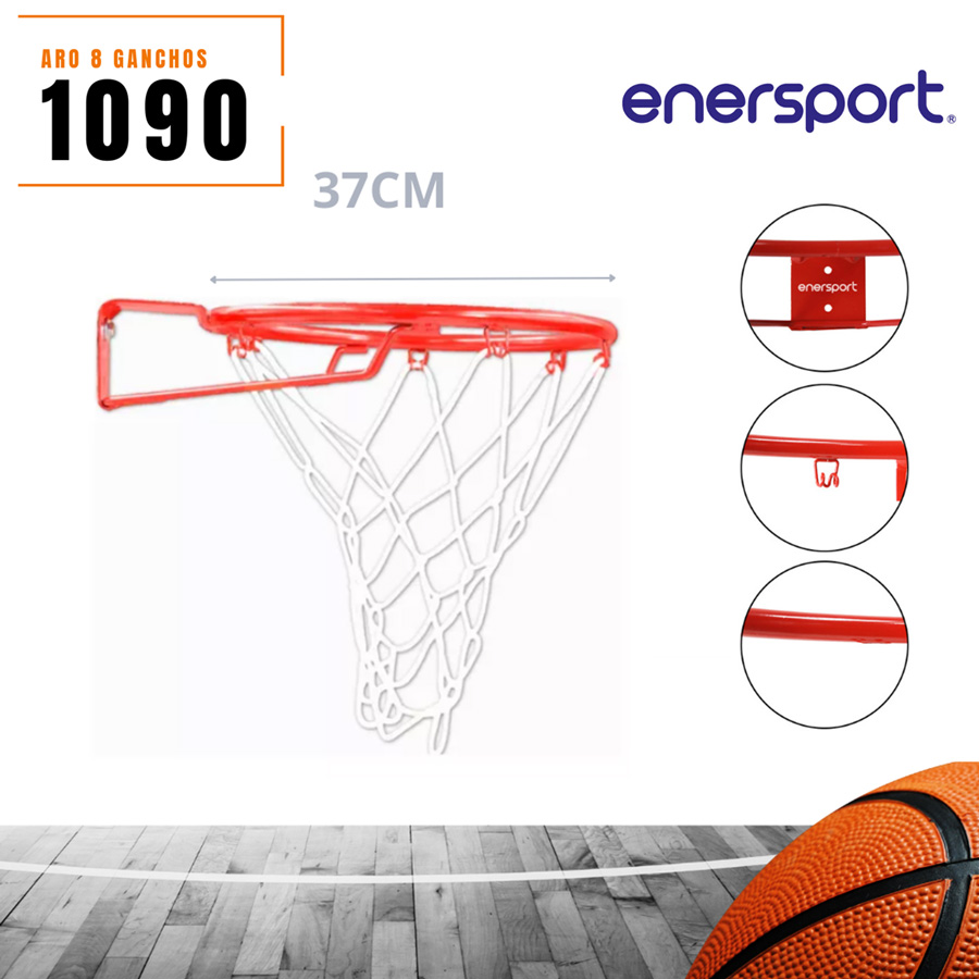 1090ARRJ, Aro de basquetbol semiprofesional de 8 ganchos fabricado en metal de 5/8 calibre 20. Fácil de instalar. Resistente a la intemperie.