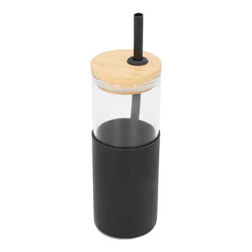 ANF 066, CILINDRO DE VIDRIO IBIZA. Cilindro de vidrio con manga de silicón removible, tapa de bambú y popote de silicón. Incluye caja individual.