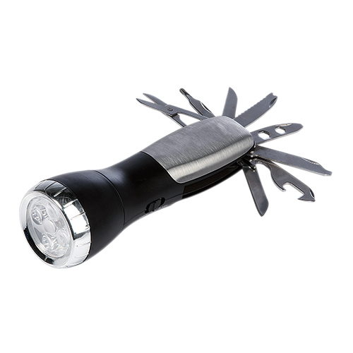 LAM 600, LÁMPARA CON NAVAJA PATHFINDER. Lámpara de 4 LEDS con flash. Incluye destapador, tijeras y 6 diferentes navajas con distintas funciones. Incluye 3 baterías AAA.