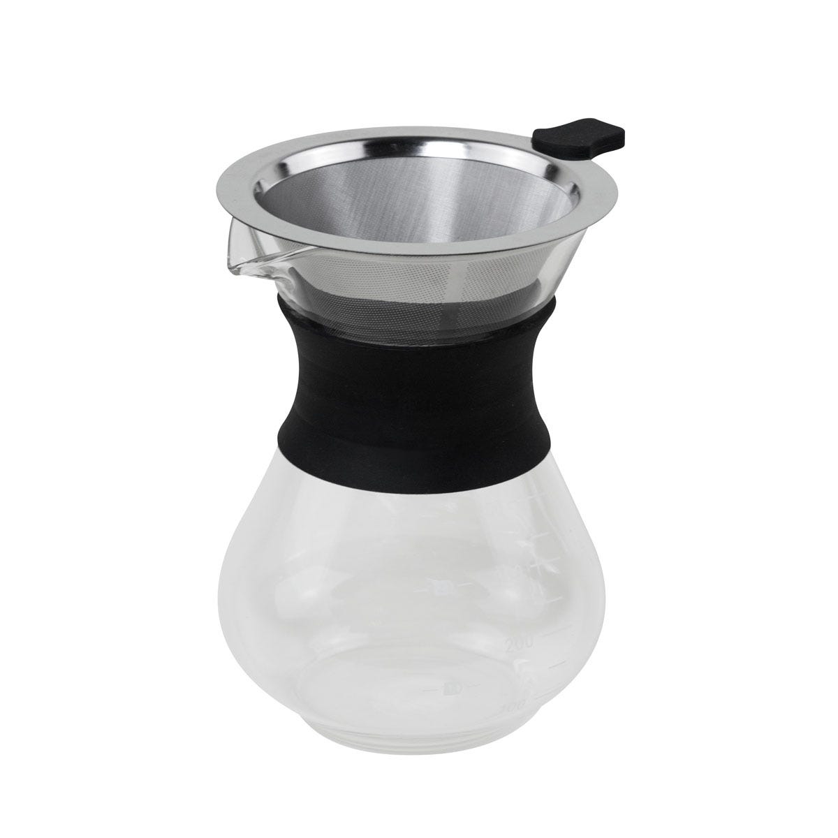 TMPS 208, Cafetera MISTE. Cafetera de goteo de vidrio con marcador de medición. Incluye filtro en forma de cono de acero inoxidable. Collar de silicon para evitar quemaduras y tener un mejor agarre. Caja individual incluida.