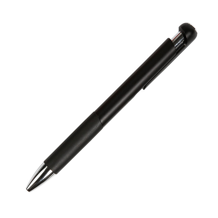 BL-108, Bolígrafo de plástico tipo ball pen retráctil con agarre de goma y tinta azul.