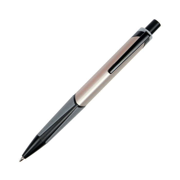 BL-120, Bolí­grafo retráctil fabricado en aluminio con forma triangular y grip tipo goma, tinta de escritura negra.