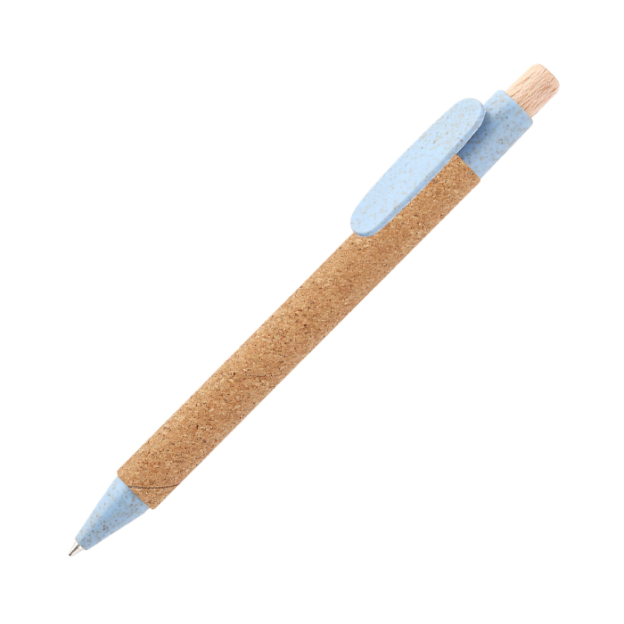 BL-128, Bolígrafo retráctil fabricado en corcho, clip en fibra de trigo, botón de madera y tinta de escritura negra.
