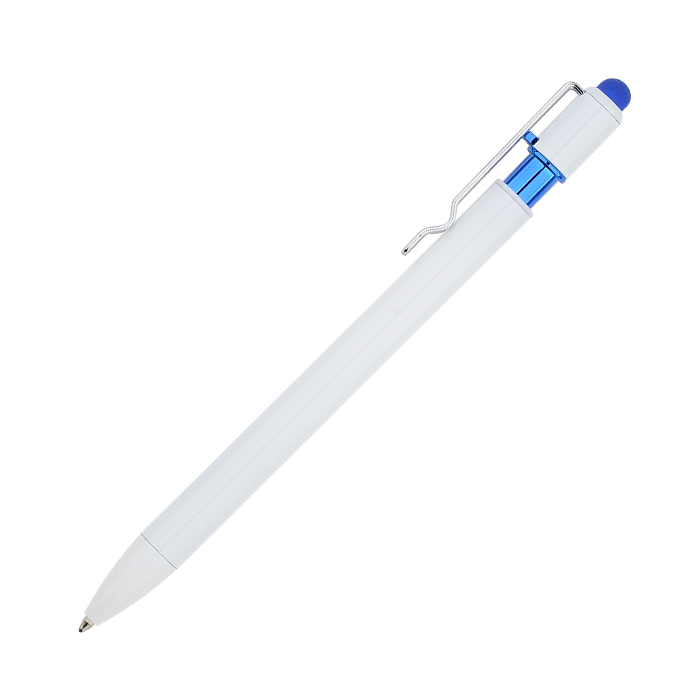 BL-136, Bolígrafo retráctil fabricado en aluminio con puntero touch y clip metálico. al grabarla destapa en color. tinta de escritura azul.