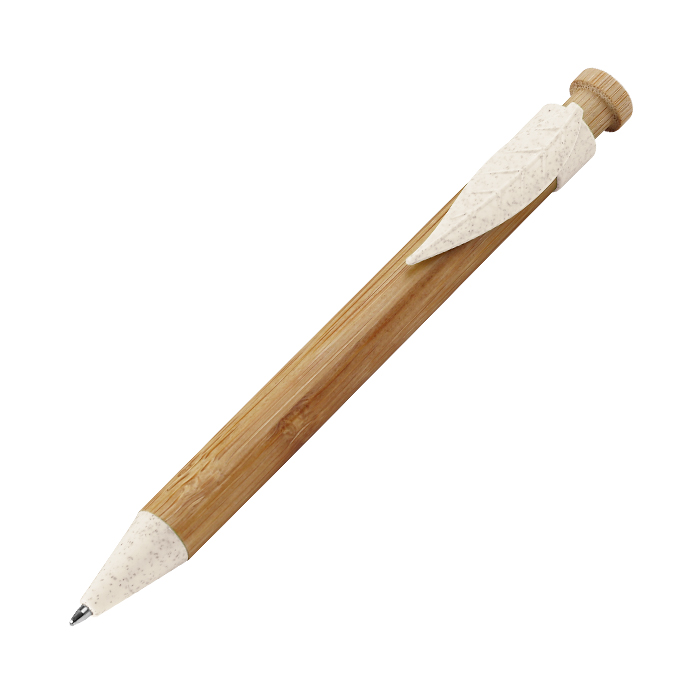 BL-139, Bolígrafo con barril de bamboo y detalles en fibra de trigo incluye estuche ecológico, tinta de escritura negra.