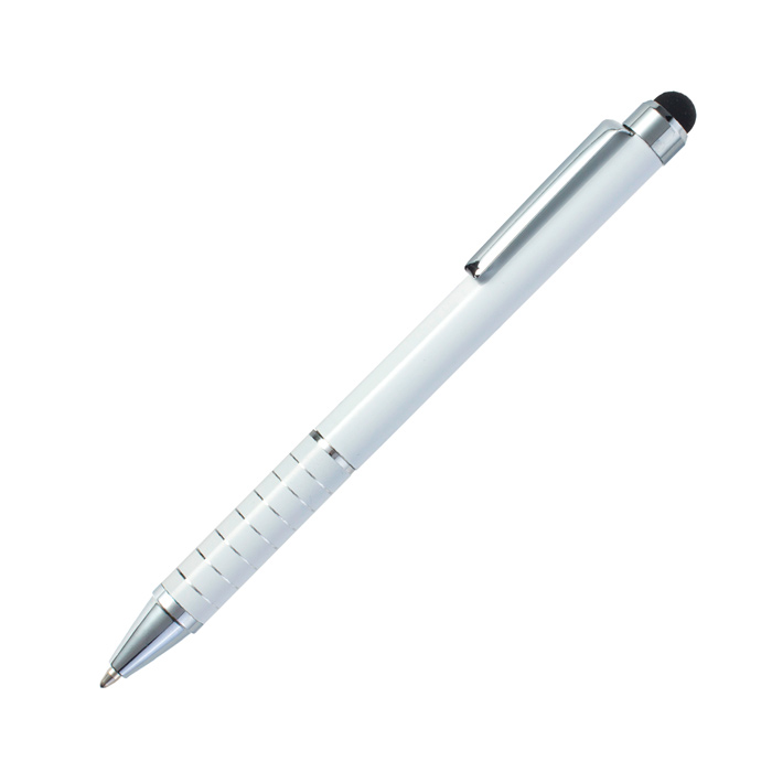 BL-163, Bolígrafo Bosra. Bolígrafo promocional con barril de aluminio, clip metálico cromado, touch de color en la parte superior y tinta de escritura azul.