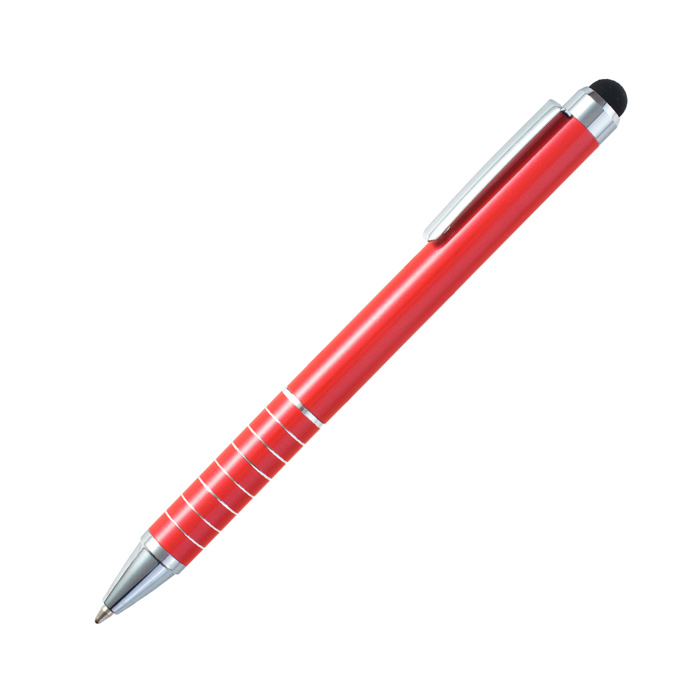BL-163, Bolígrafo Bosra. Bolígrafo promocional con barril de aluminio, clip metálico cromado, touch de color en la parte superior y tinta de escritura azul.