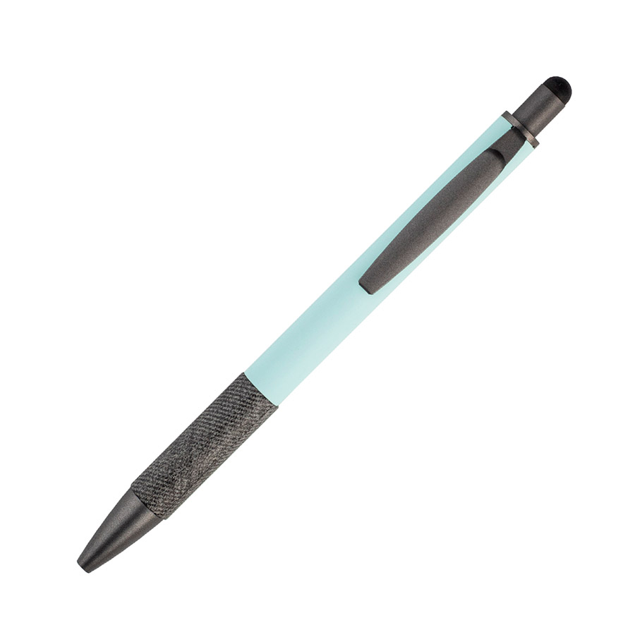 BL-173, Bolígrafo con barril de aluminio y detalle apariencia piel en la parte inferior, clip y punta metálicos, con touch en la parte superior. Tinta de gel escritura azul.