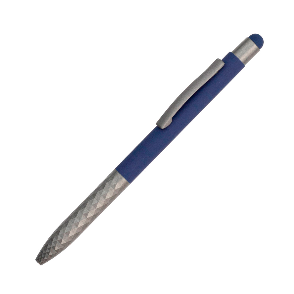 BL-174, Bolígrafo con barril de aluminio, clip y punta metálicos, con touch en la parte superior. Tinta de escritura de gel azul.