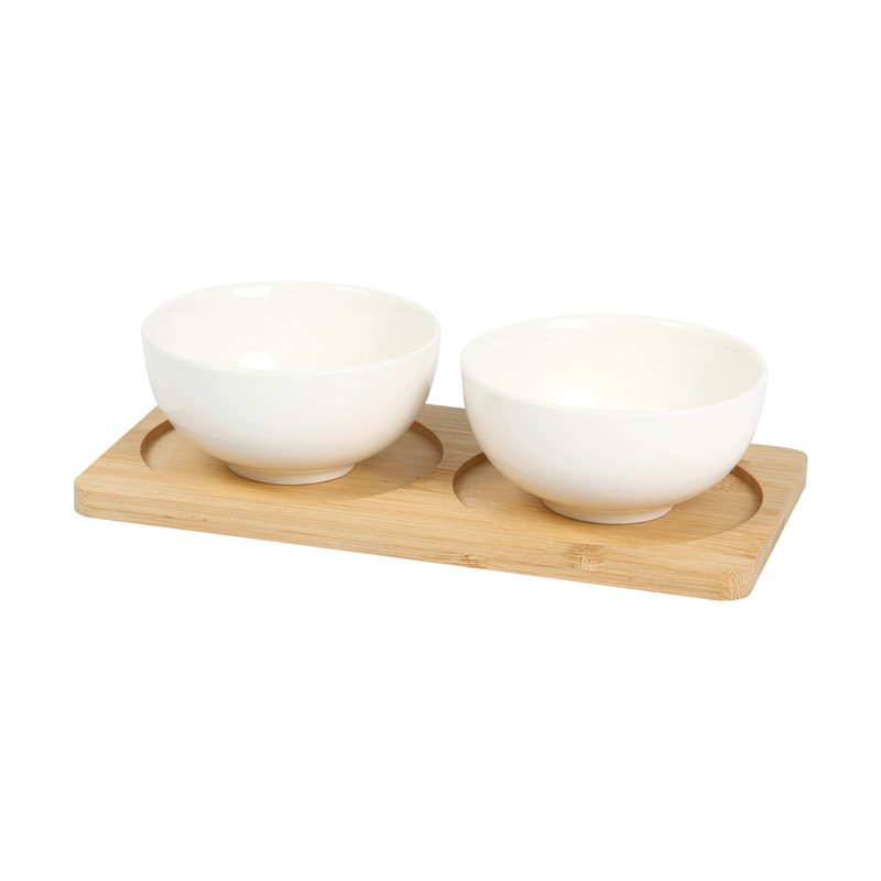 HM-116, Set con dos bowls para alimentos fabricados en cerámica con capacidad de 250 ml, base de madera de bambú adecuada para ambos recipientes.