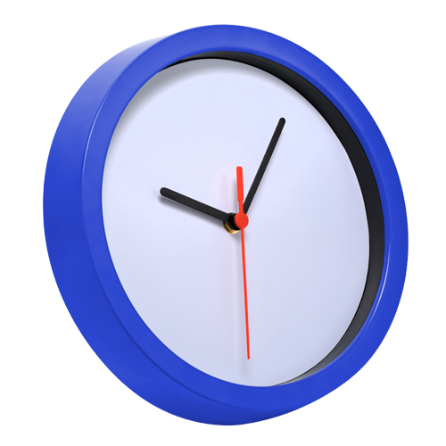 PD-002, Reloj de pared con arillo de plástico y proteccion de cristal, colores: plata, azul, verde , naranja, rojo y negro