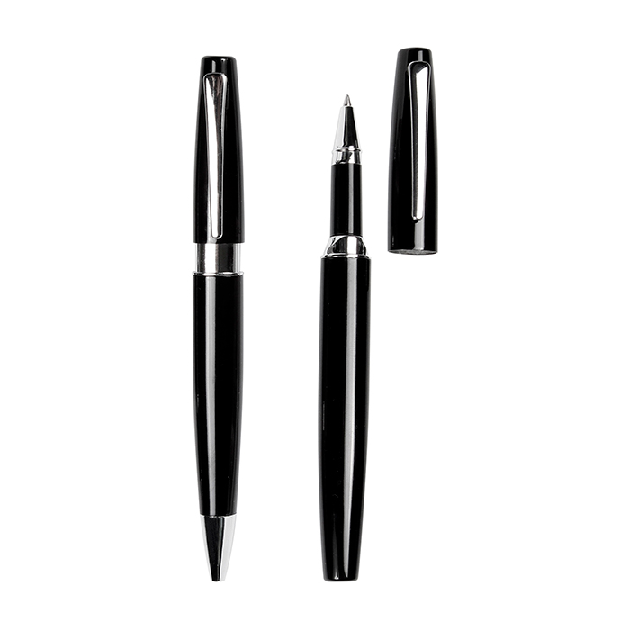 ST-018, Set de bolígrafos en metal brillante ball pen y roller con tinta negra de escritura, incluye estuche.