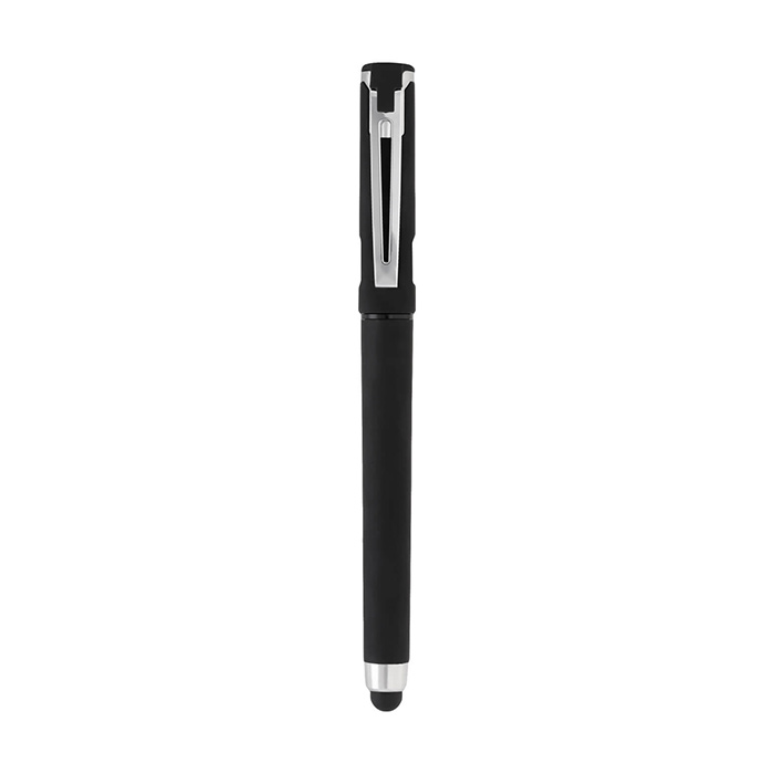 GL 23169, LIOZ. Bolígrafo de plástico acabado rubber, tinta de gel y goma touchs creen. Incluye tapa con clip y espacio que sirve como soporte para celular.