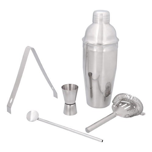 HO-060, Set para preparación de bebidas. Incluye: shaker, pinzas, medidor, popote con cucharilla incluida y colador/mezclador.