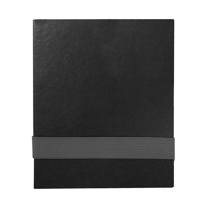 LE 038, NOIR. Block de notas de pasta gruesa, 6 banderas adhesivas, bolígrafo con 80 hojas negras y banda elástica.