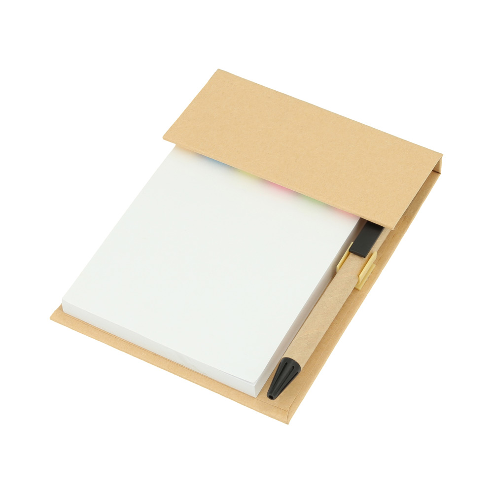LE-036, Block de notas ecológico con 100 hojas blancas, notas adhesivas y bolígrafo.