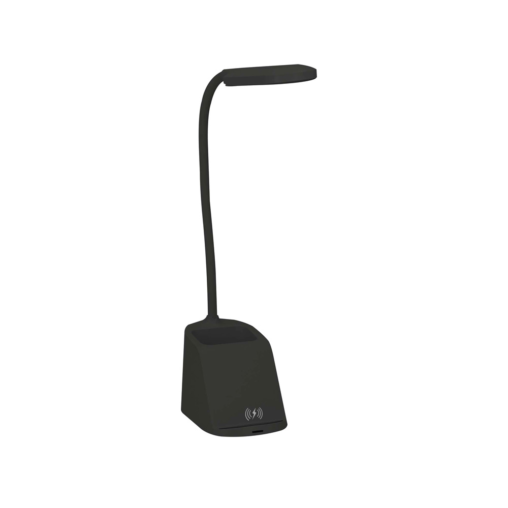 SO-111, Lámpara para escritorio negra con organizador y cargador Wireless para smartphones compatibles con tecnología Qi. Incluye cargador tipo usb.