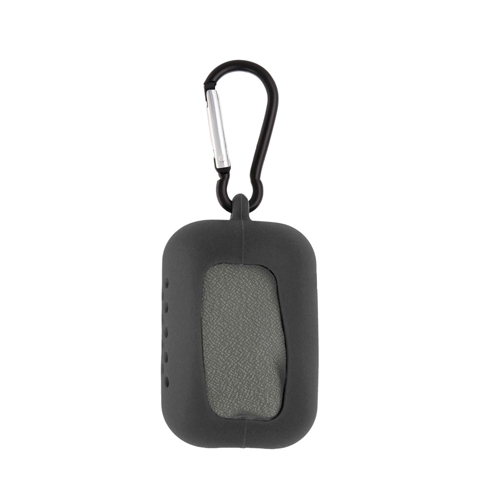 TL-033, Porta toalla de silicón negro con toalla fría gris y gancho metálico. Ideal para gimnasio.