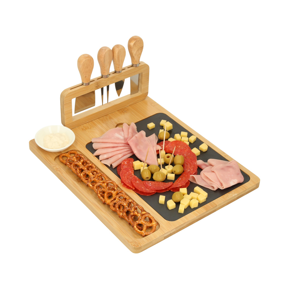 HO-098, Tabla para quesos con piedra, incluye 1 mini cuchillo de pala, 1 mini tenedor para quesos, 1 cuchillo de avión estrecho, un cuchillo y un mini plato de cerámica.