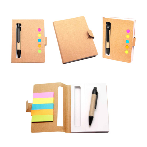 LE-003, Mini libreta de papel reciclado con notas adhesivas y mini bolígrafo. 70 hojas