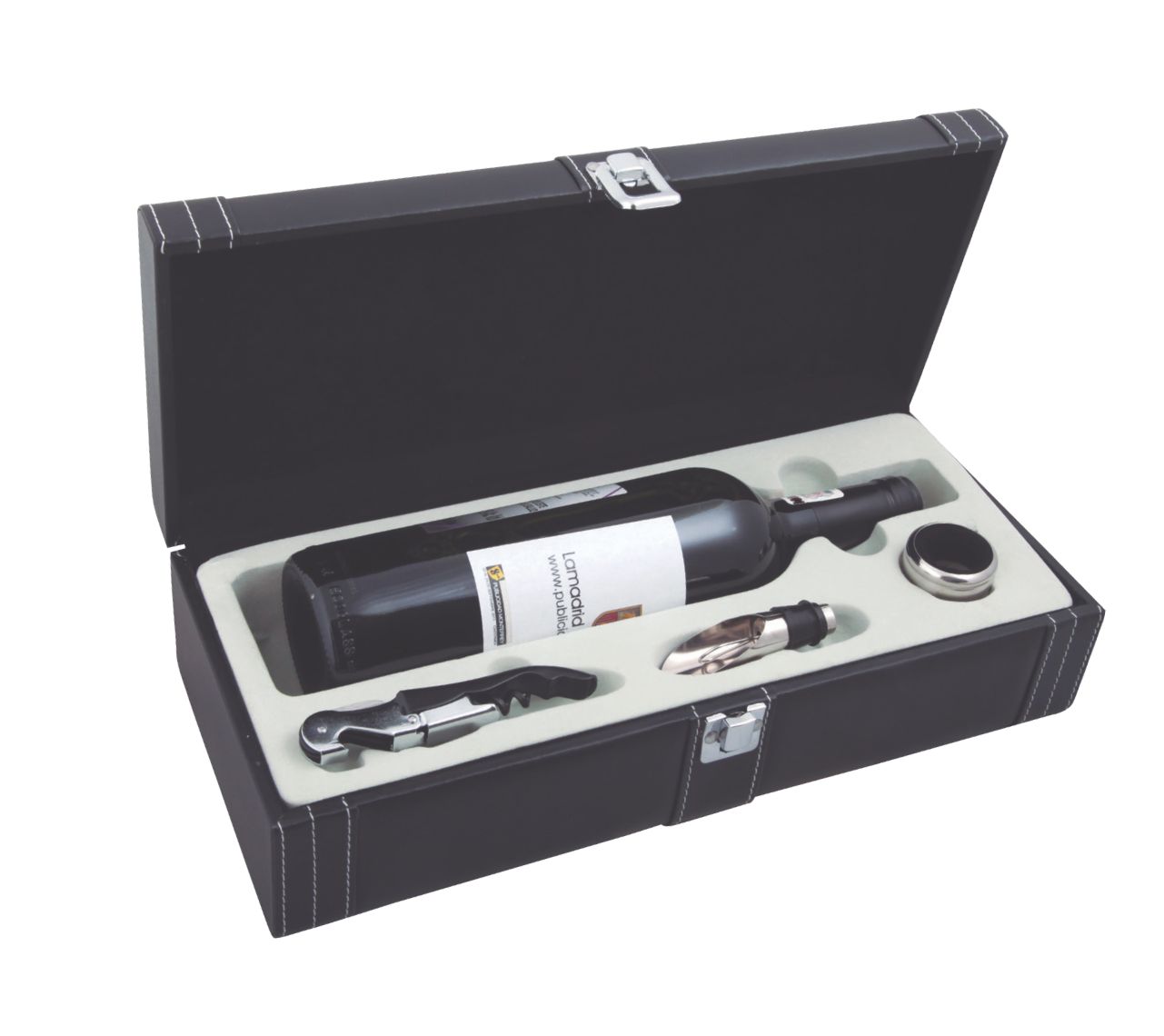 SET58, Set de accesorios para vino en estuche de curpiel (no incluye botella de vino)