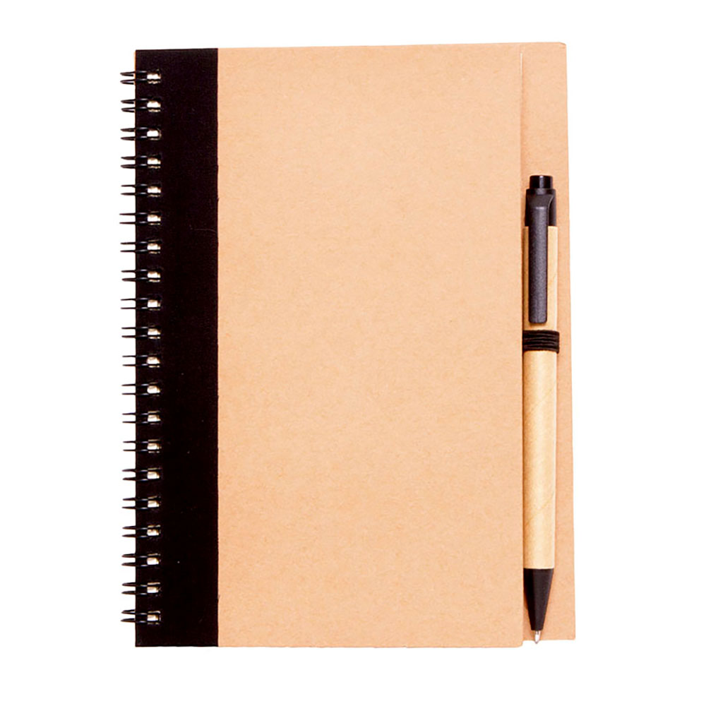 23353, Cuaderno con 70 hojas rayadas fabricadas en papel reciclado, encuadernación espiral y bolígrafo.