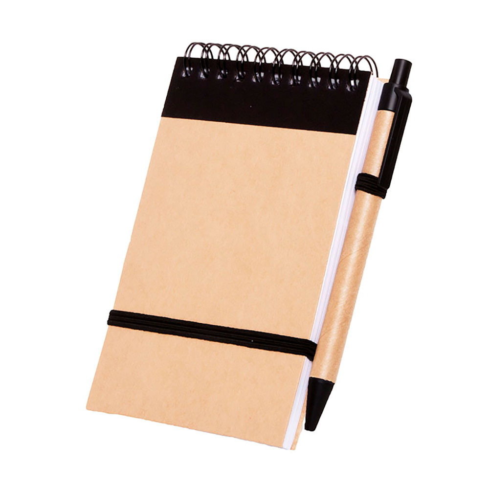 23354, Cuaderno con 70 hojas rayadas fabricadas en papel reciclado, encuadernación espiral y bolígrafo.
