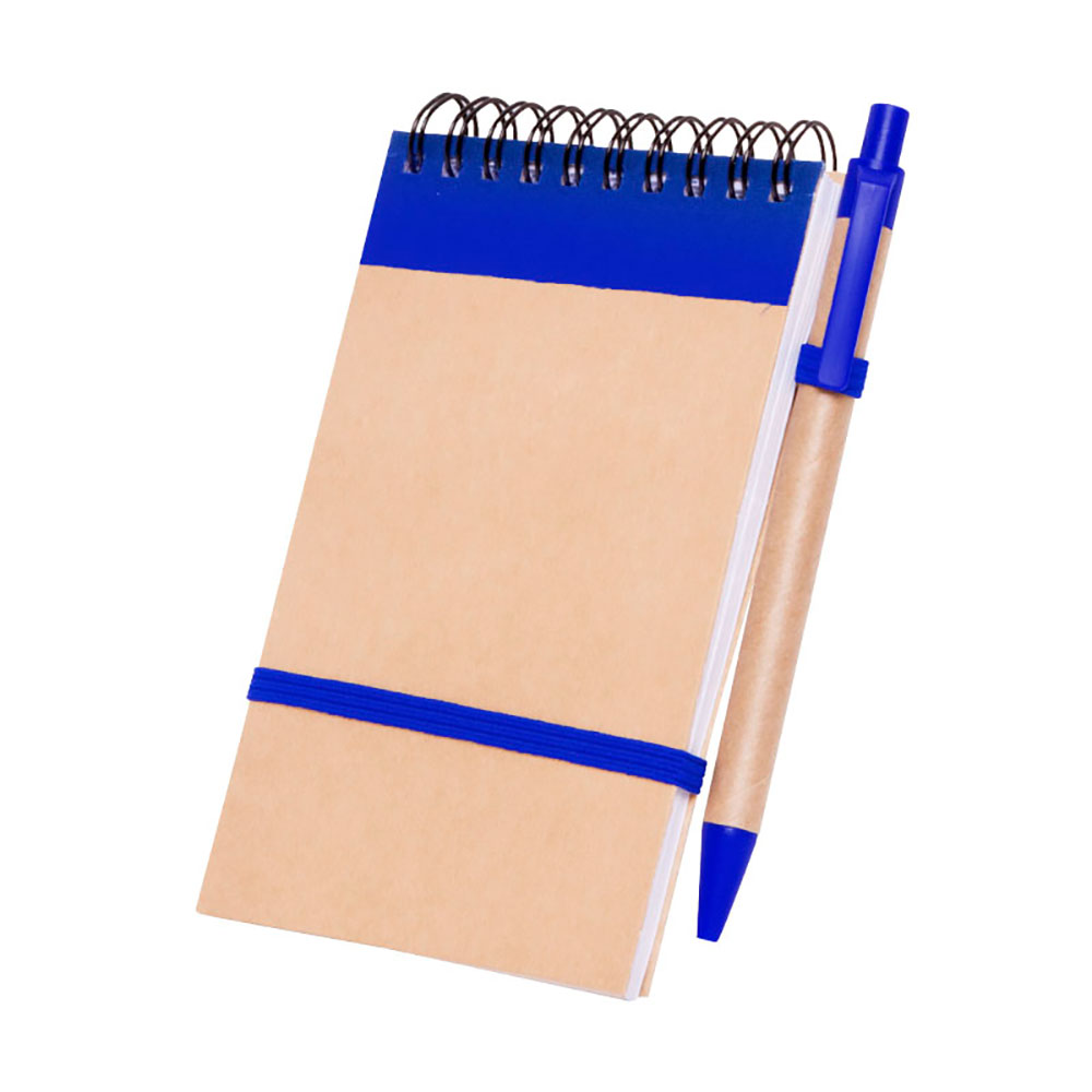 23354, Cuaderno con 70 hojas rayadas fabricadas en papel reciclado, encuadernación espiral y bolígrafo.